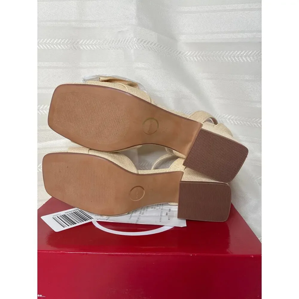 Journee Collection Zevi Linen Block Heel Sandals Beige Size 7.5 Wide